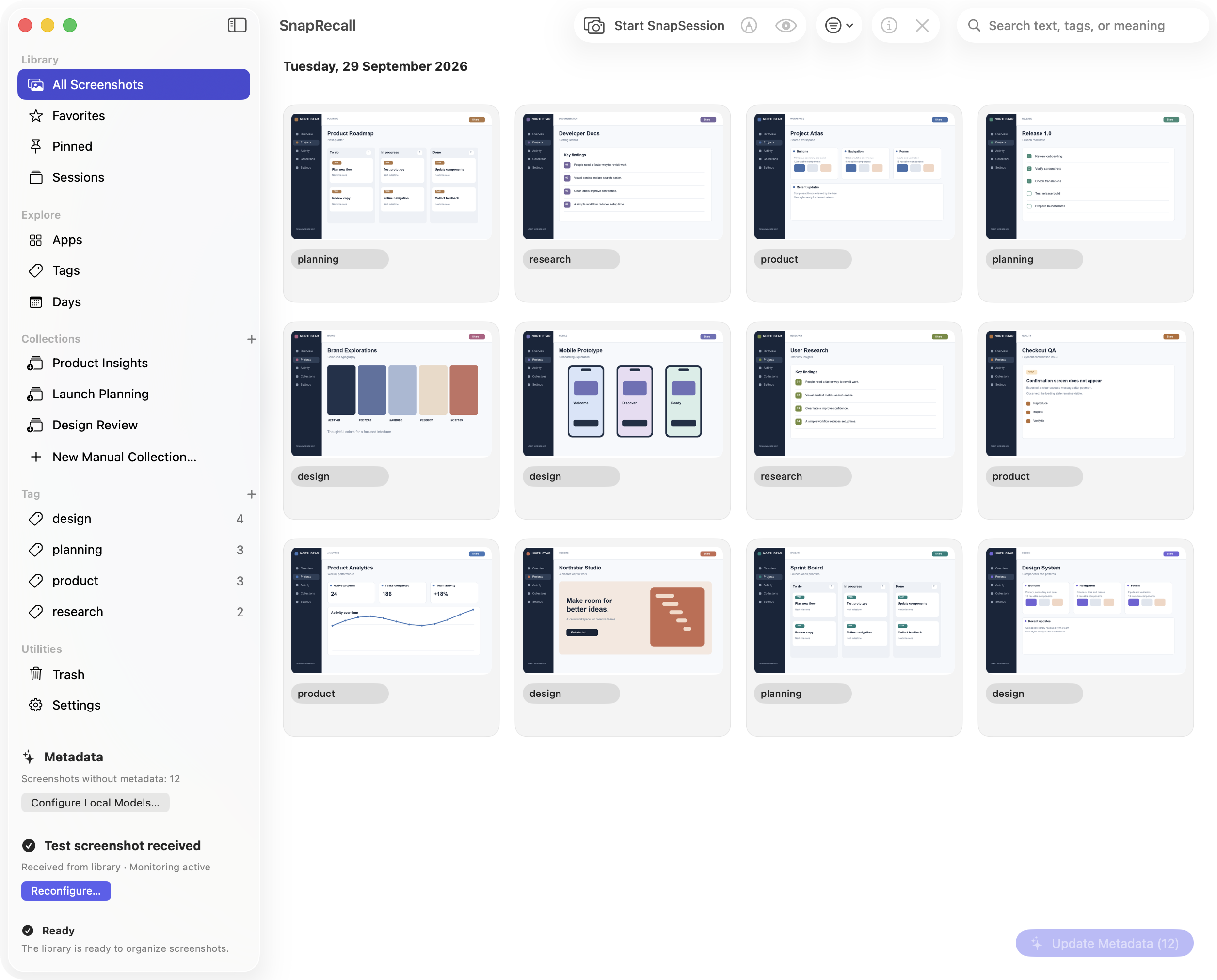SnapRecall library showing automatically organized screenshots and collections