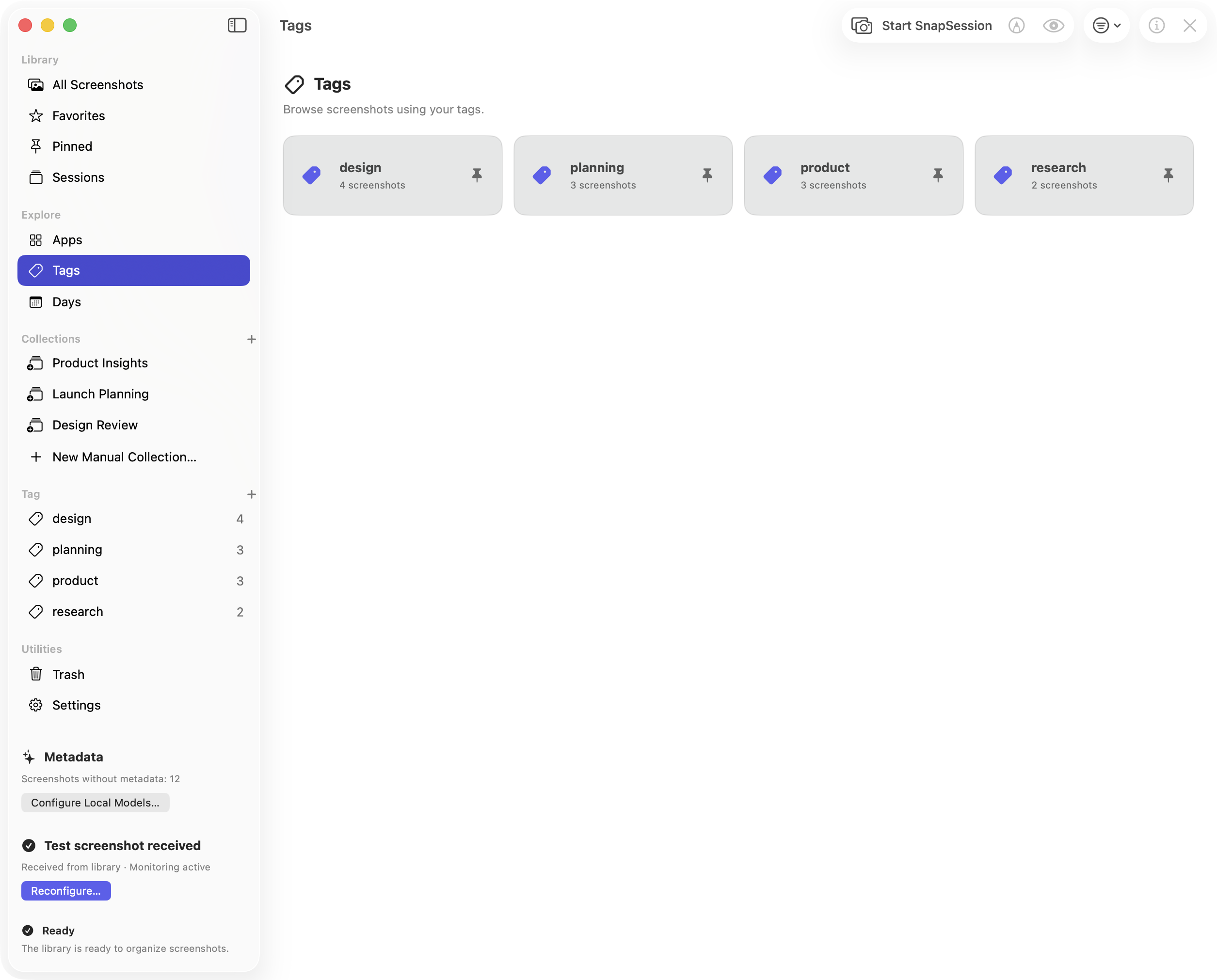 SnapRecall Tags view with design, planning, product and research tags